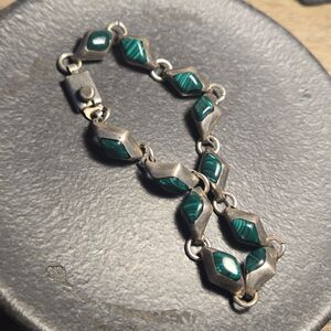 Malachite Stones Sterling Silver Bracelet 7.5 Inches